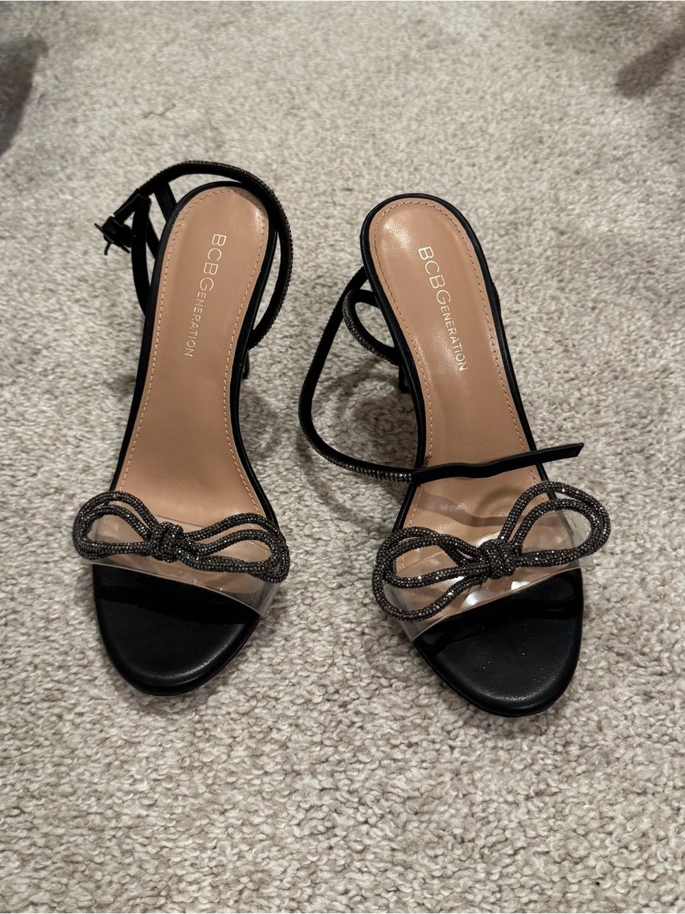 BCBG Generation Black Rhinestone Bow Strappy Heels Clear Strap Size 6.5
